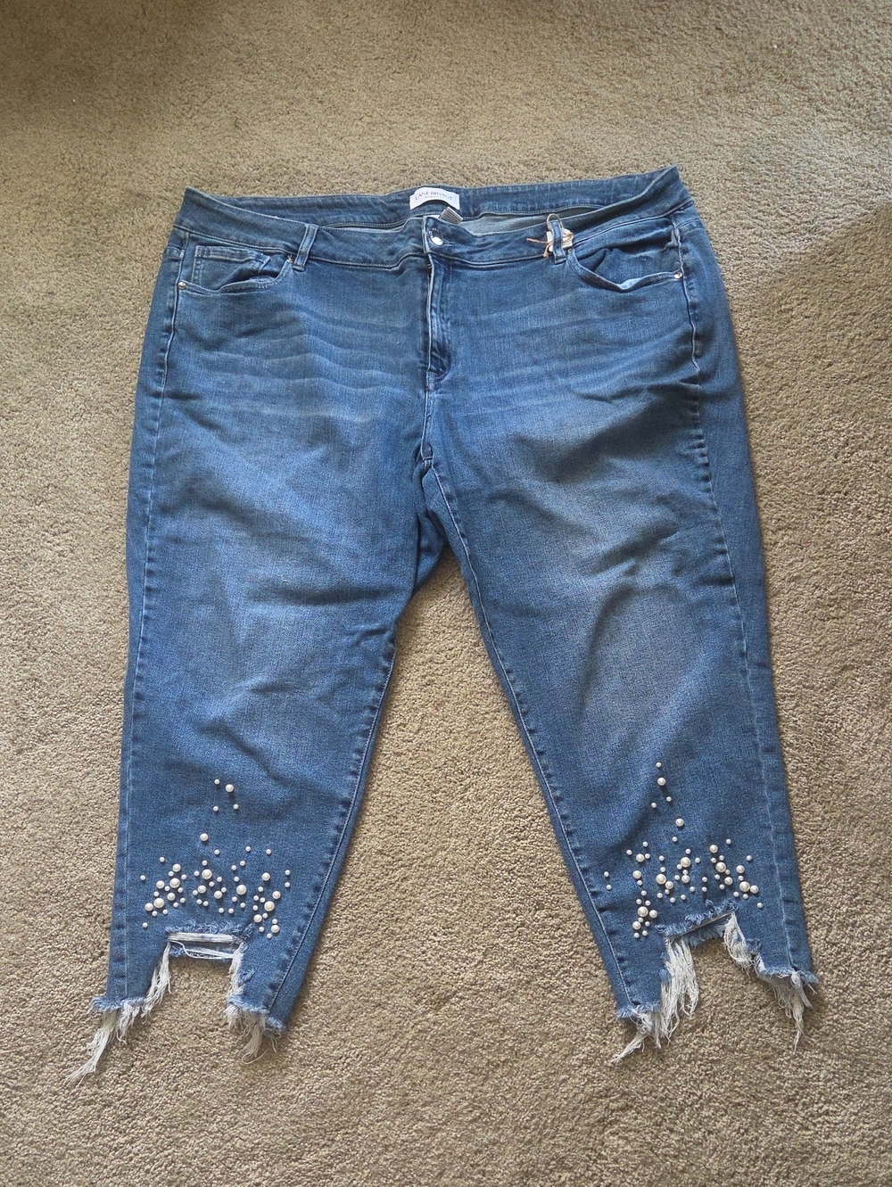 Lane Bryant Medium Blue Distressed Ankle Jeans with Pearl Embellishment